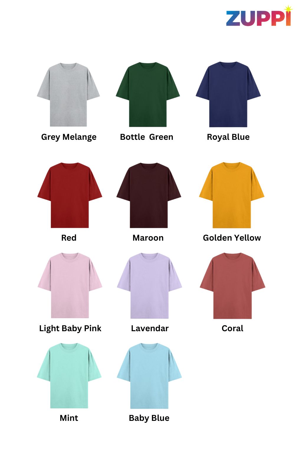 Collection of oversized t-shirts in various colors with Zuppi branding.