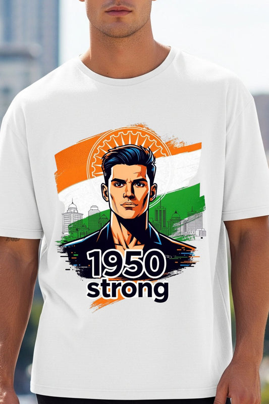 close up view of a man wearing a white oversized t-shirt with a graphic design featuring a man's face and '1950 strong' text, set against an outdoor background.