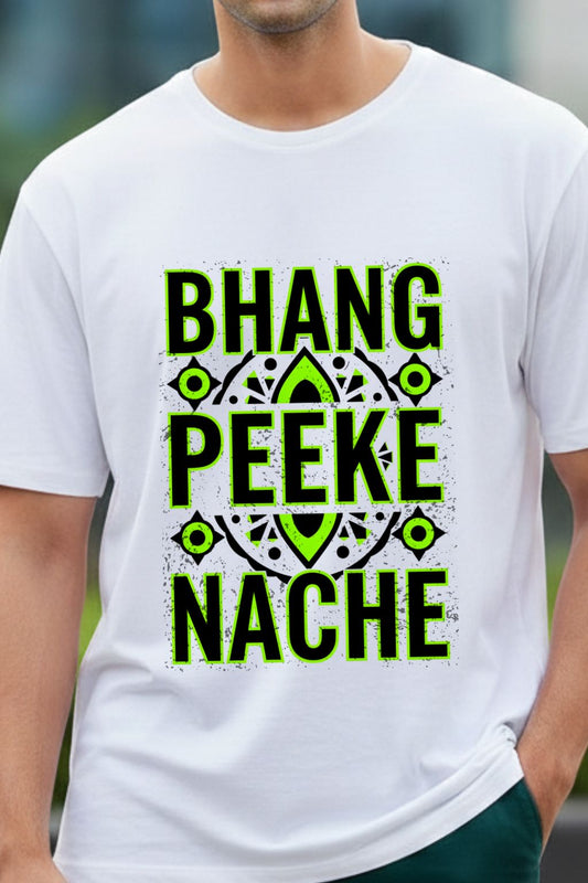 close up view of a man wearing a white oversized t-shirt with green text "bhang peeke nache" and design on a blurred background