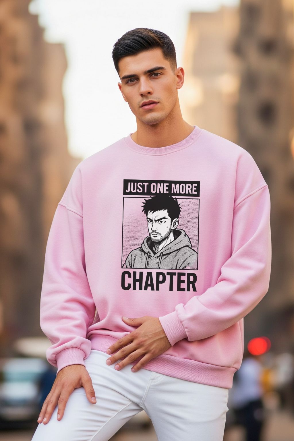 Man wearing ZUPPI anime oversized sweatshirt in light baby pink — "Just One More Chapter" otaku print — anime streetwear India