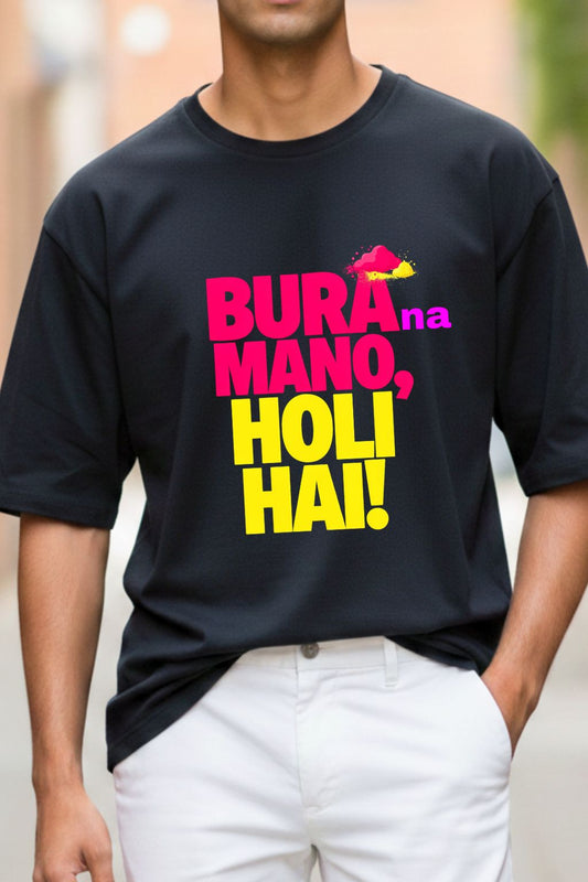 close up view of a man wearing a black oversized t-shirt with colorful text " bura na mano holi hai" and graphics.