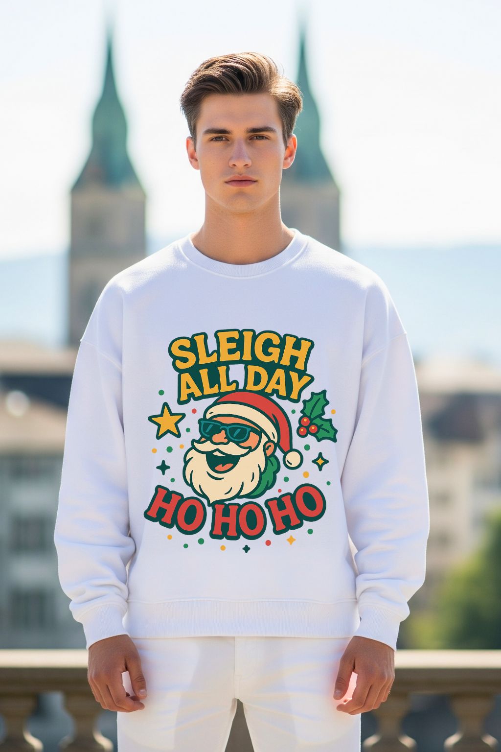 Man wearing a white oversized sweatshirt with Christmas-themed text and graphics outdoors.
