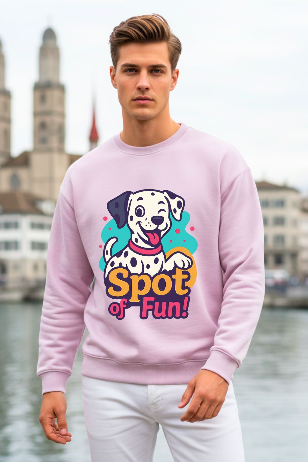Man wearing a light baby pink oversized sweatshirt with a dog graphic and 'Spot of Fun!' text, standing in front of a cityscape.