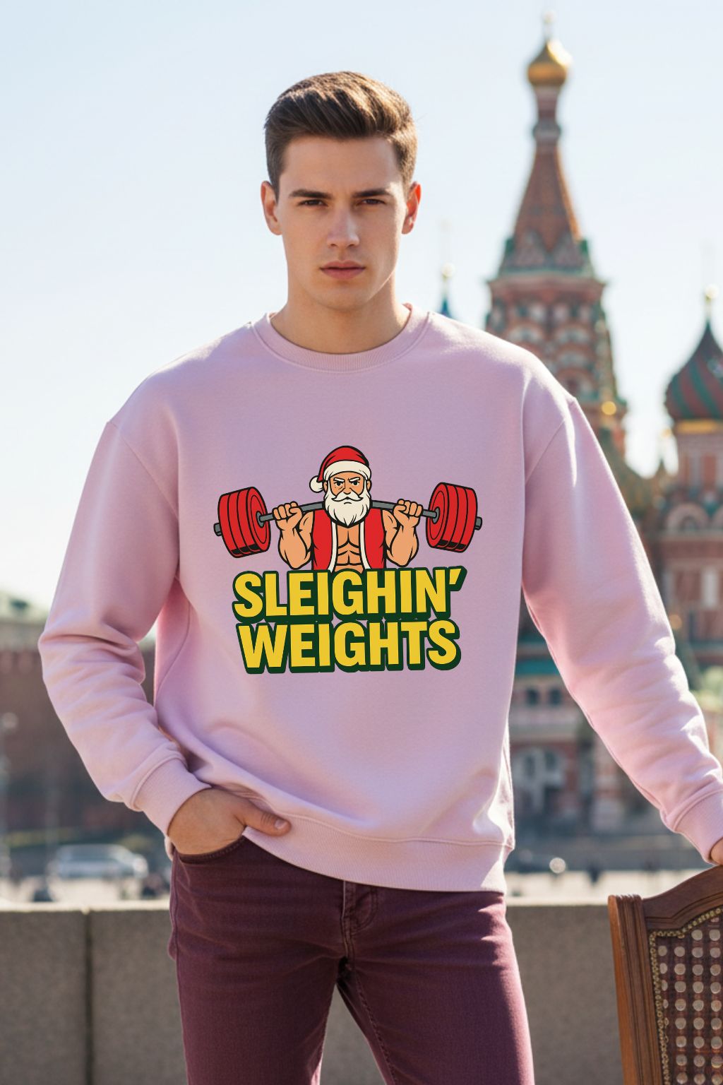 Man wearing a light baby pink oversized sweatshirt with a Christmas-themed design in an urban setting.
