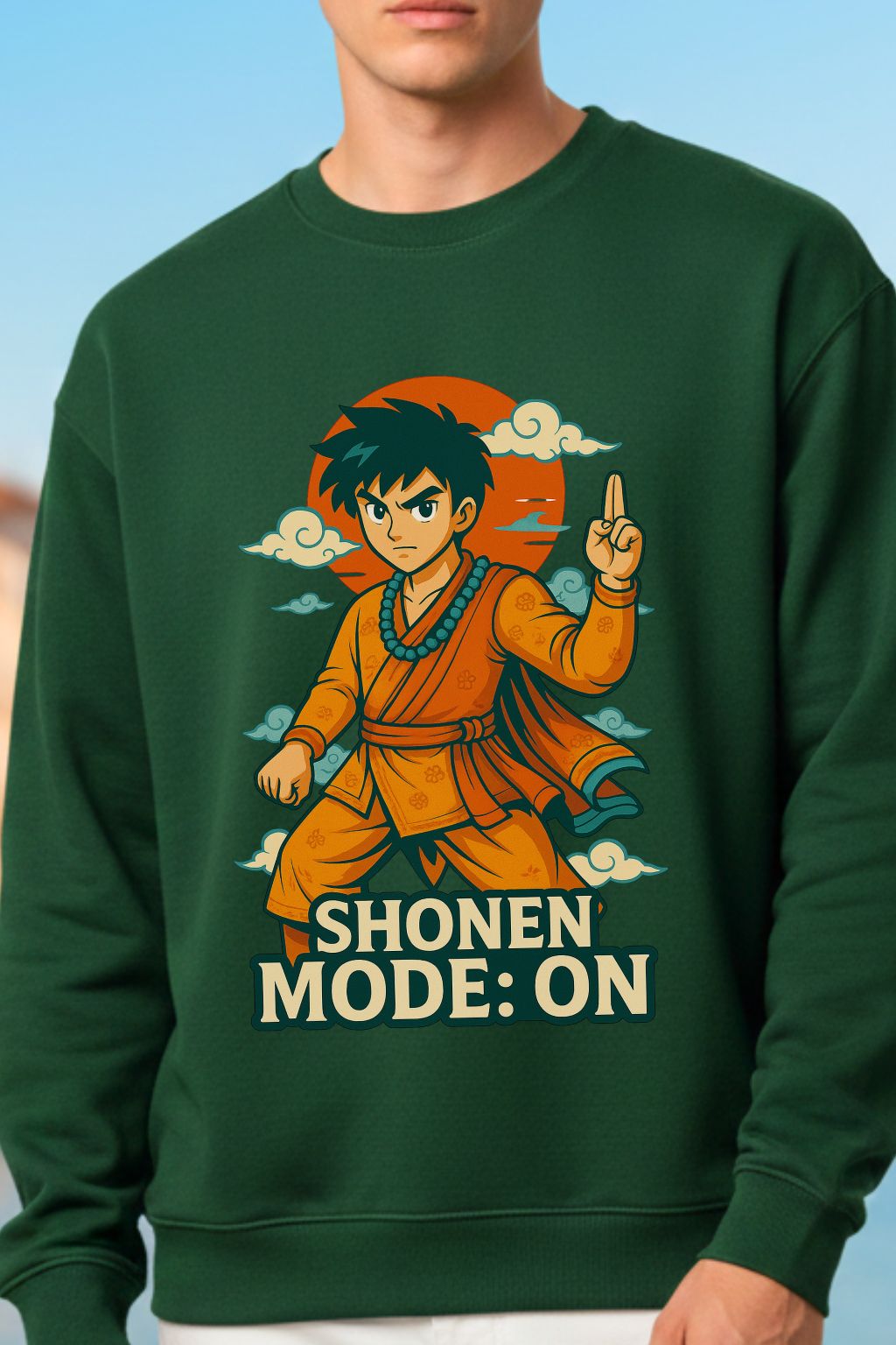 Close-up of Shonen Mode On DTF Print on Bottle Green Anime Oversized Sweatshirt — ZUPPI