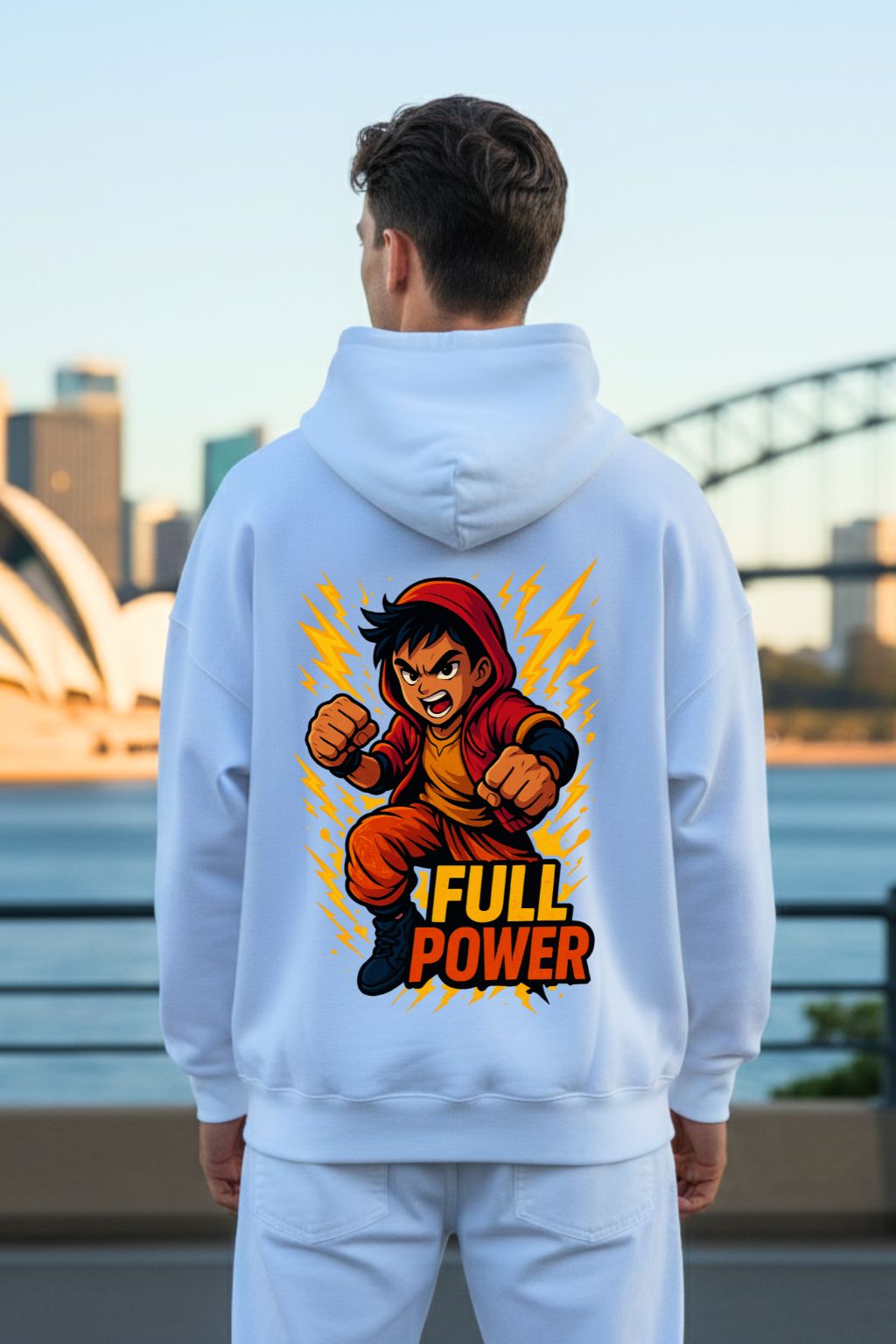 ZUPPI Full Power Anime Hoodie White Back Print — anime oversized hoodie for men India