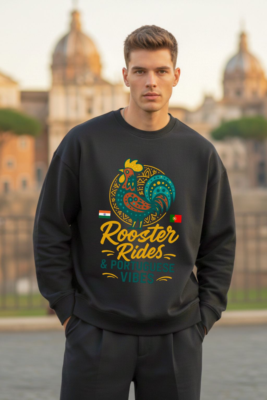 Man wearing a black sweatshirt with a rooster design and text, standing in front of a blurred cityscape.