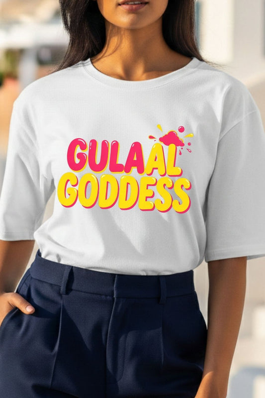 close up view of a woman wearing a white oversized t-shirt with 'Gulaal Goddess' text and graphics.