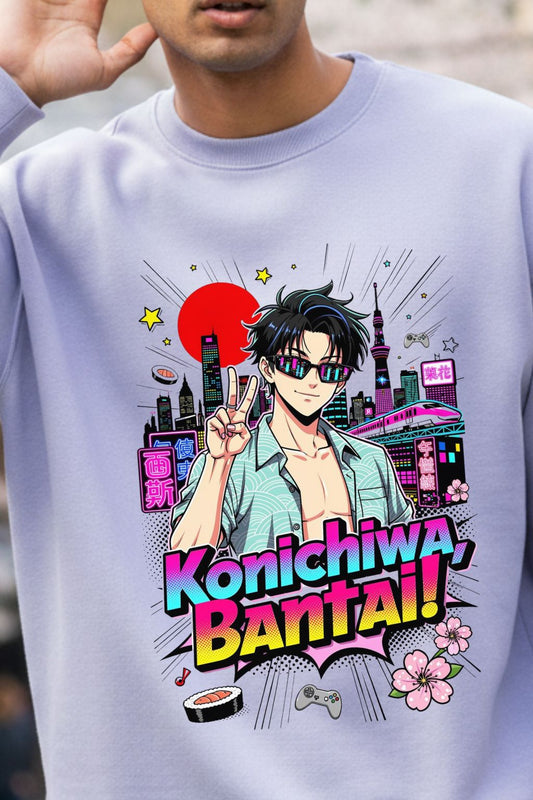 close up view of a man wearing a lavendar oversized sweatshirt with an anime character and 'Konichiwa, Bantai!' text.