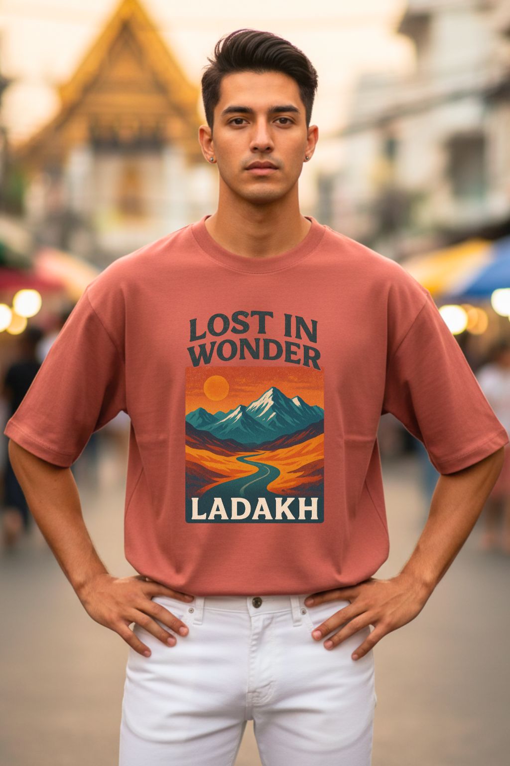 Man wearing a coral oversized t-shirt with 'Lost in Wonder Ladakh' design outdoors.