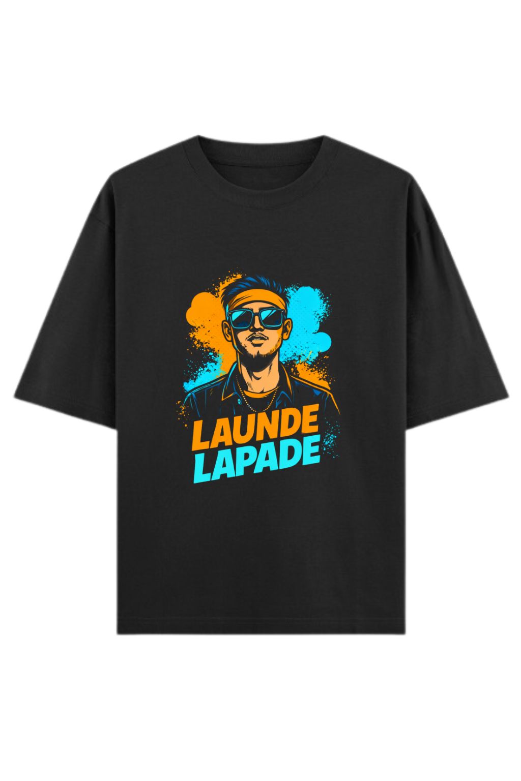 flat lay view of a black oversized t-shirt with colorful graphic and 'Launde Lapade' text on a white background