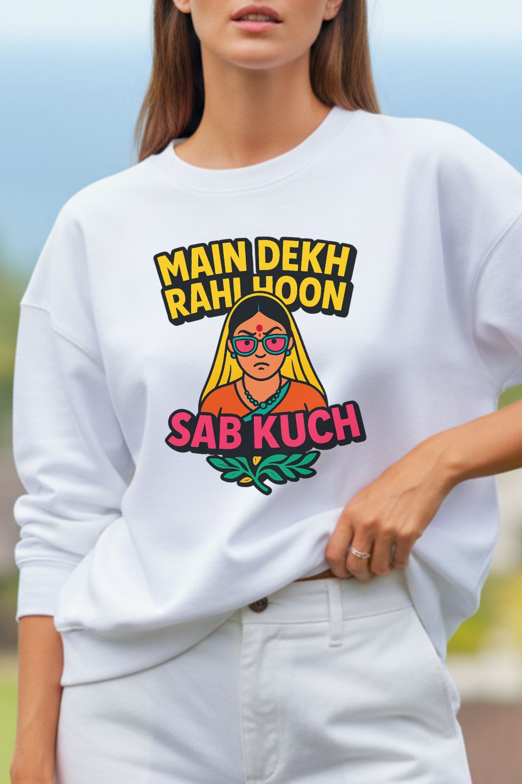 Close up of a woman wearing Main_Dekh_Rahi_Hoon_White_Oversized_Sweatshirt