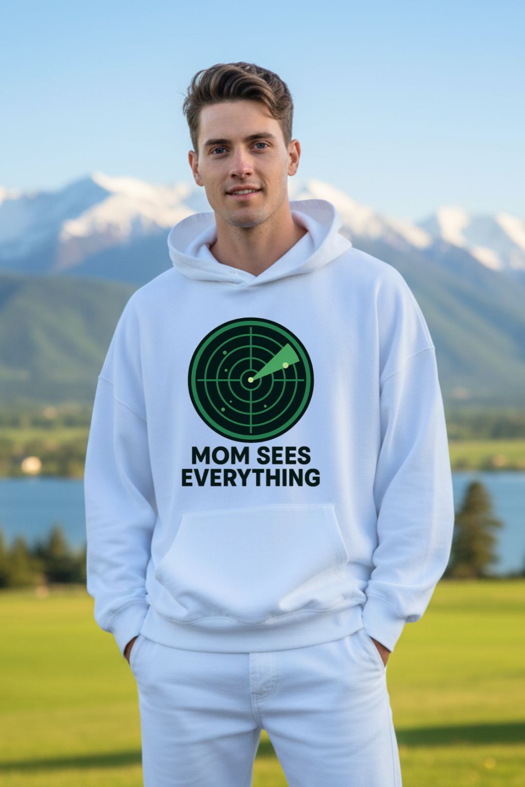 Man wearing a white hoodie with 'Mom Sees Everything' text and green graphic in a scenic outdoor setting.