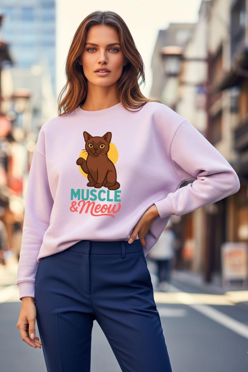 Woman wearing a light baby pink oversized sweatshirt with a graphic design in an urban setting