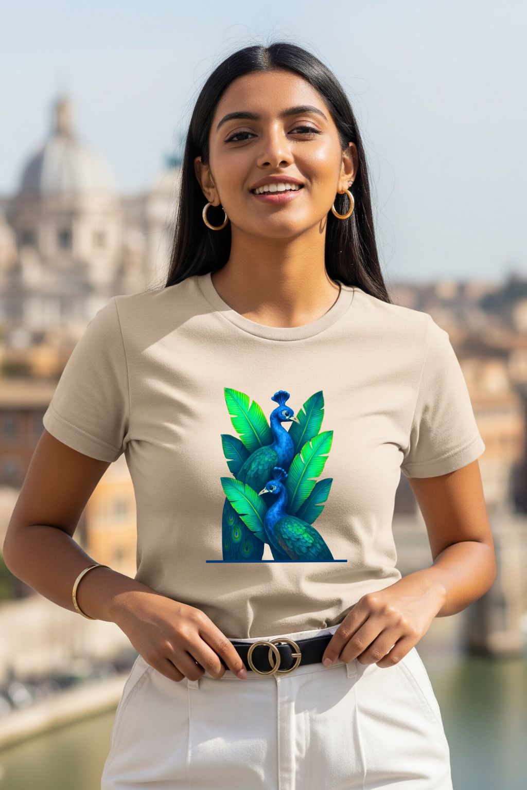 Neon peacock banana leaf t-shirt for women in beige — aesthetic print graphic tee ZUPPI