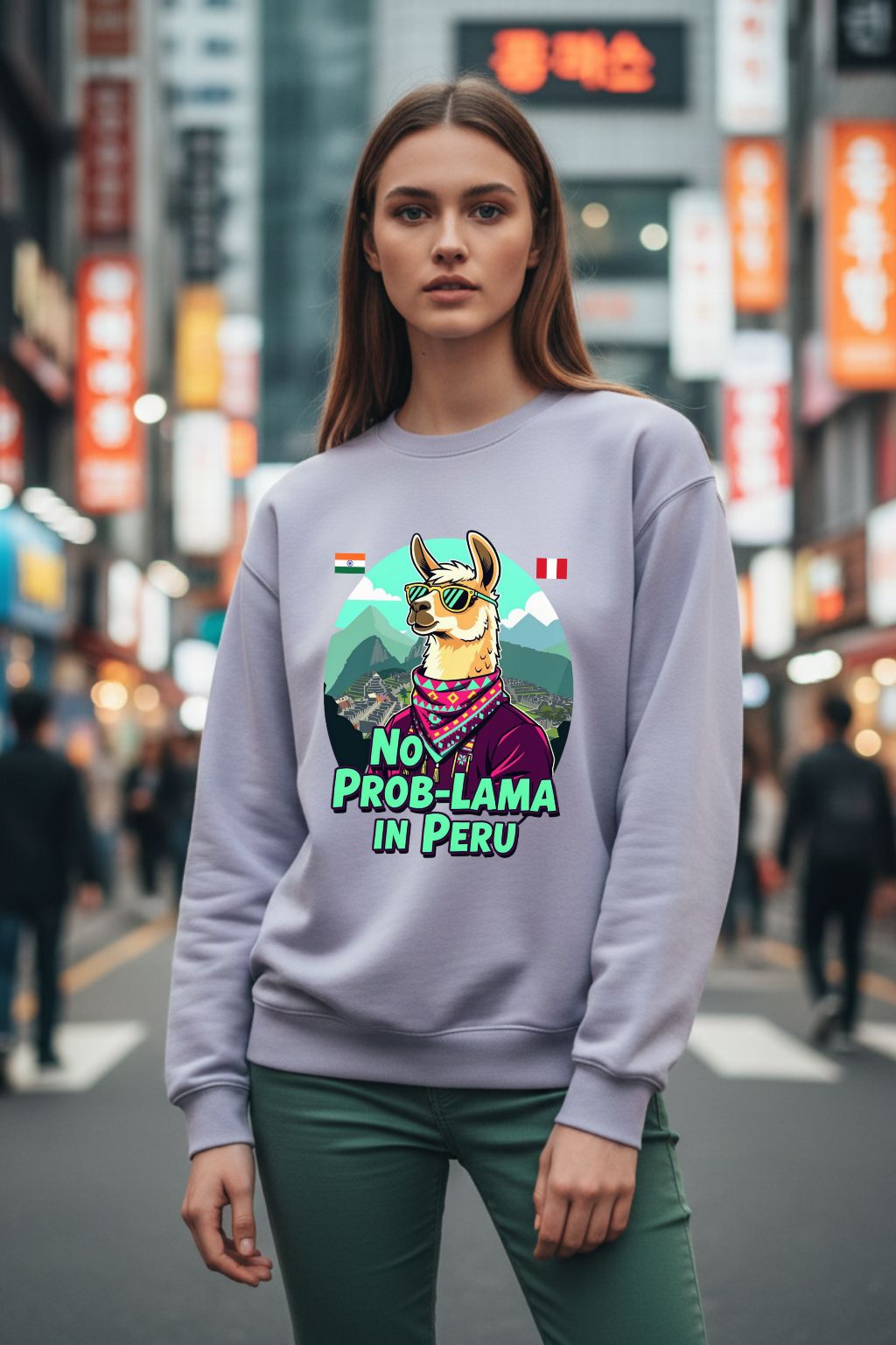 Woman wearing a lavendar oversized sweatshirt with a llama graphic and text in an urban setting