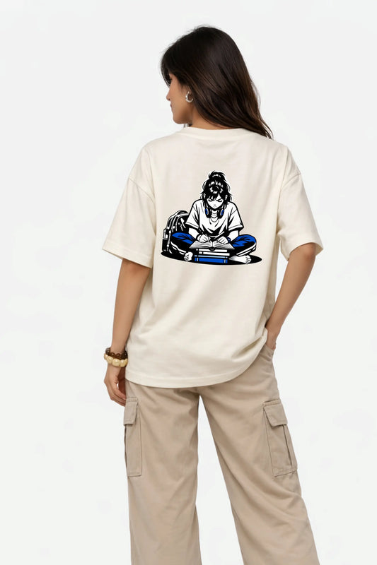 Junoshi anime study girl oversized tee back view off-white — female otaku streetwear India