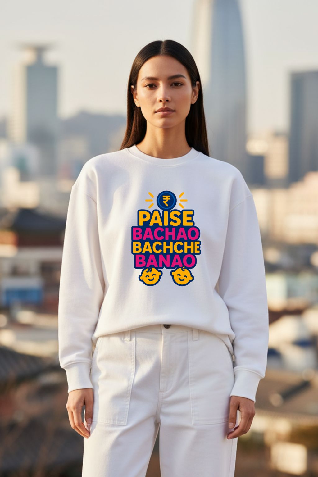 Woman wearing a white sweatshirt with colorful text and graphics against a cityscape background