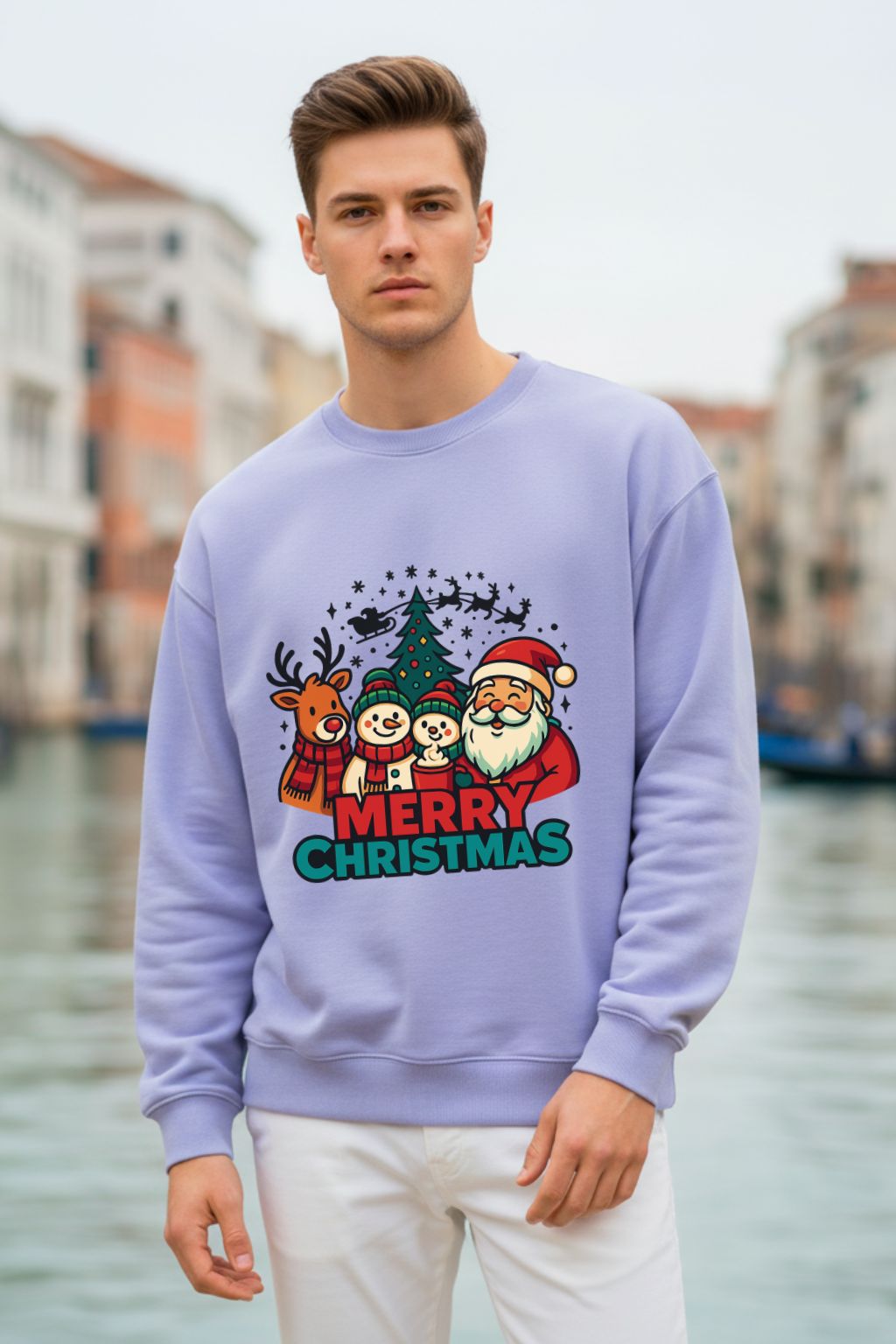 Man wearing a lavendar oversized sweatshirt with a Christmas design, standing by a waterfront.