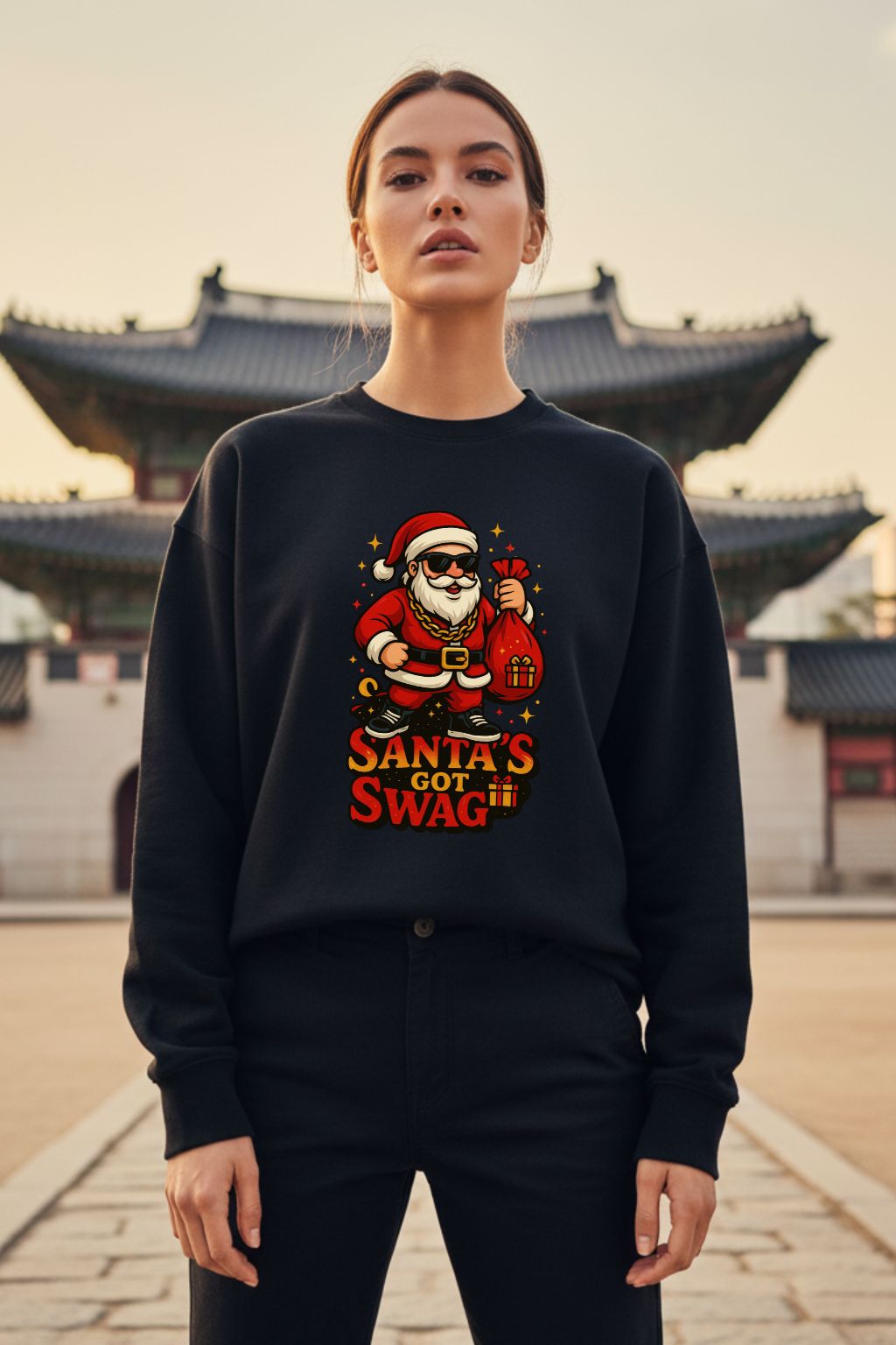Woman wearing a black sweatshirt with a Santa Claus graphic and text, standing in front of traditional architecture.