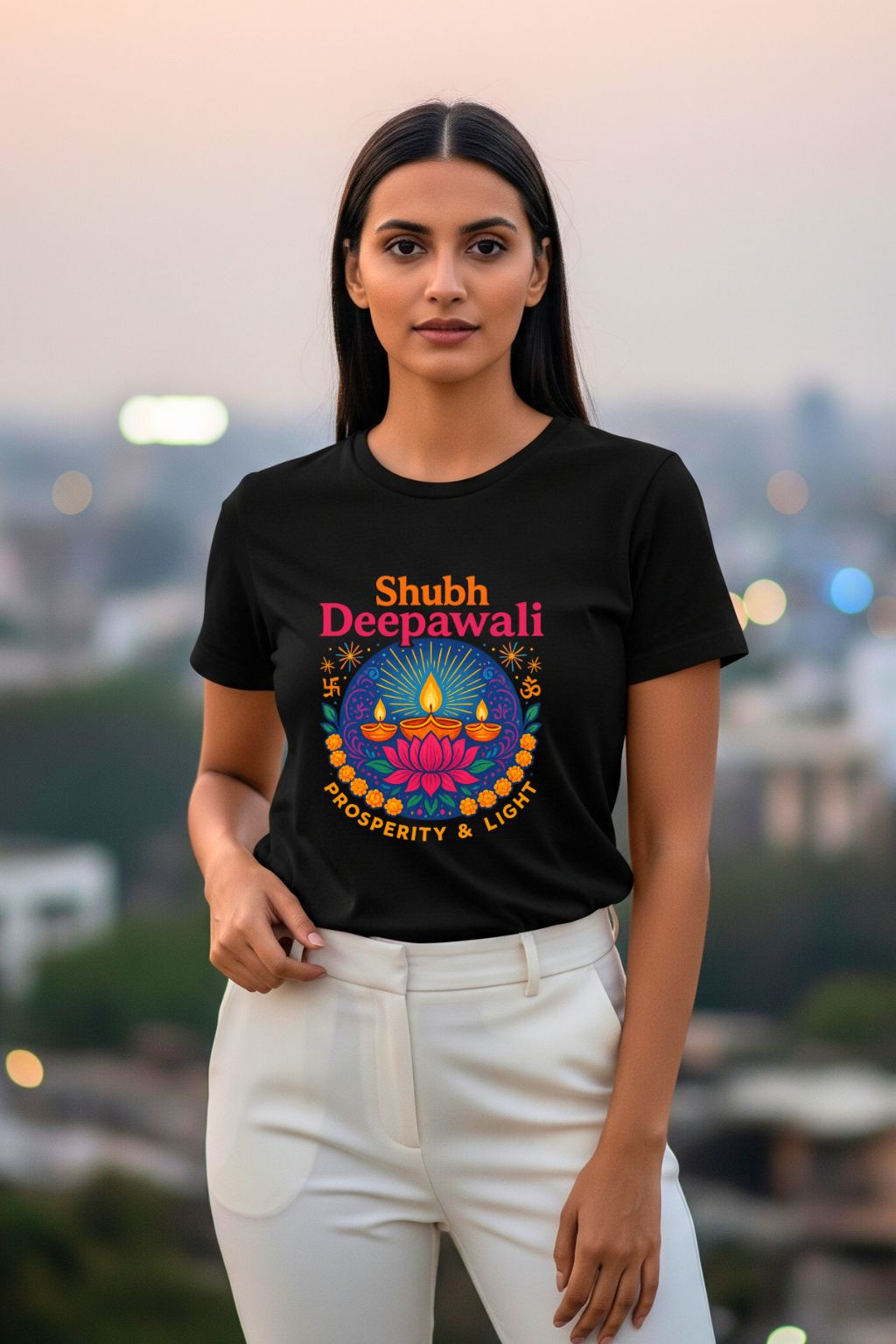 Black t-shirt for Diwali with a 'Shubh Deepawali' print featuring traditional diya lamps and lotus flowers.