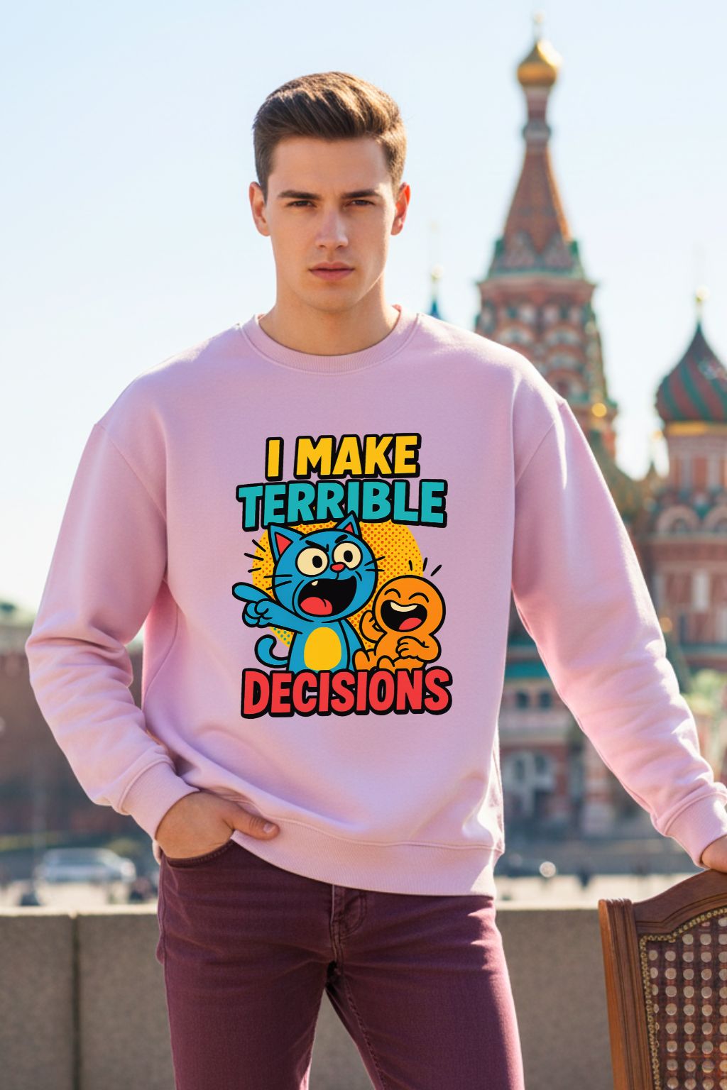 Man wearing a light baby pink oversized sweatshirt with colorful text and cartoon characters, standing in front of a cityscape.