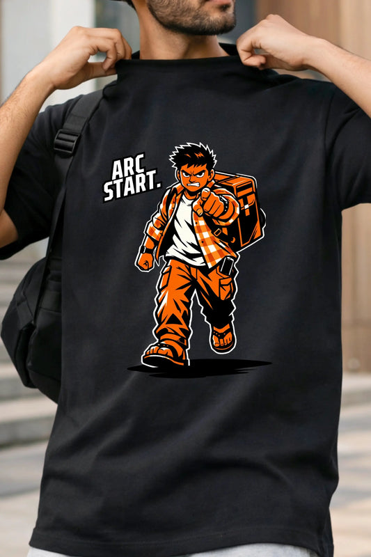 Close-up of Arc Start anime graphic on black oversized tee — original desi shonen character design, DTF print, by JUNOSHI
