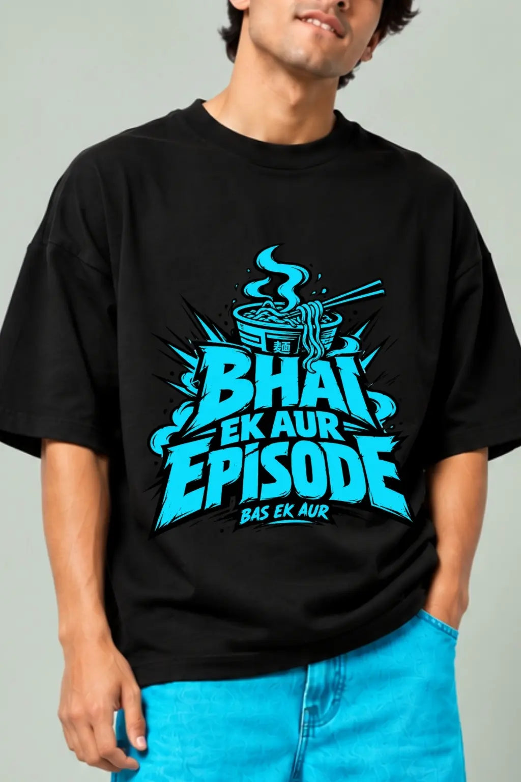Bhai Ek Aur Episode — Neon Cyan Noodle Bowl Anime Print on Black Oversized Terry T-Shirt | JUNOSHI