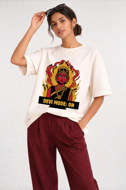 Devi Mode On anime oversized tee in off-white — front view with bold Desi manga Devi print, styled with maroon pants | JUNOSHI
