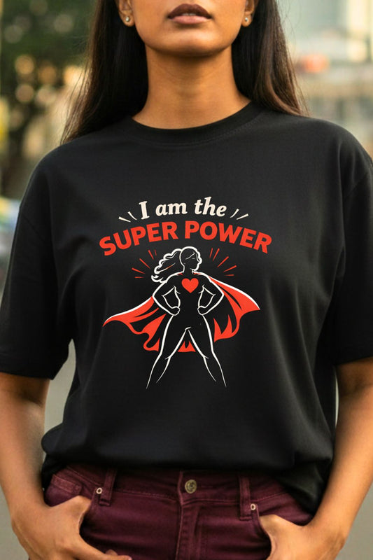 JUNOSHI Women's Oversized Tee — I Am The Super Power DTF Chest Print Detail, Indian Woman Who Needs No Cape