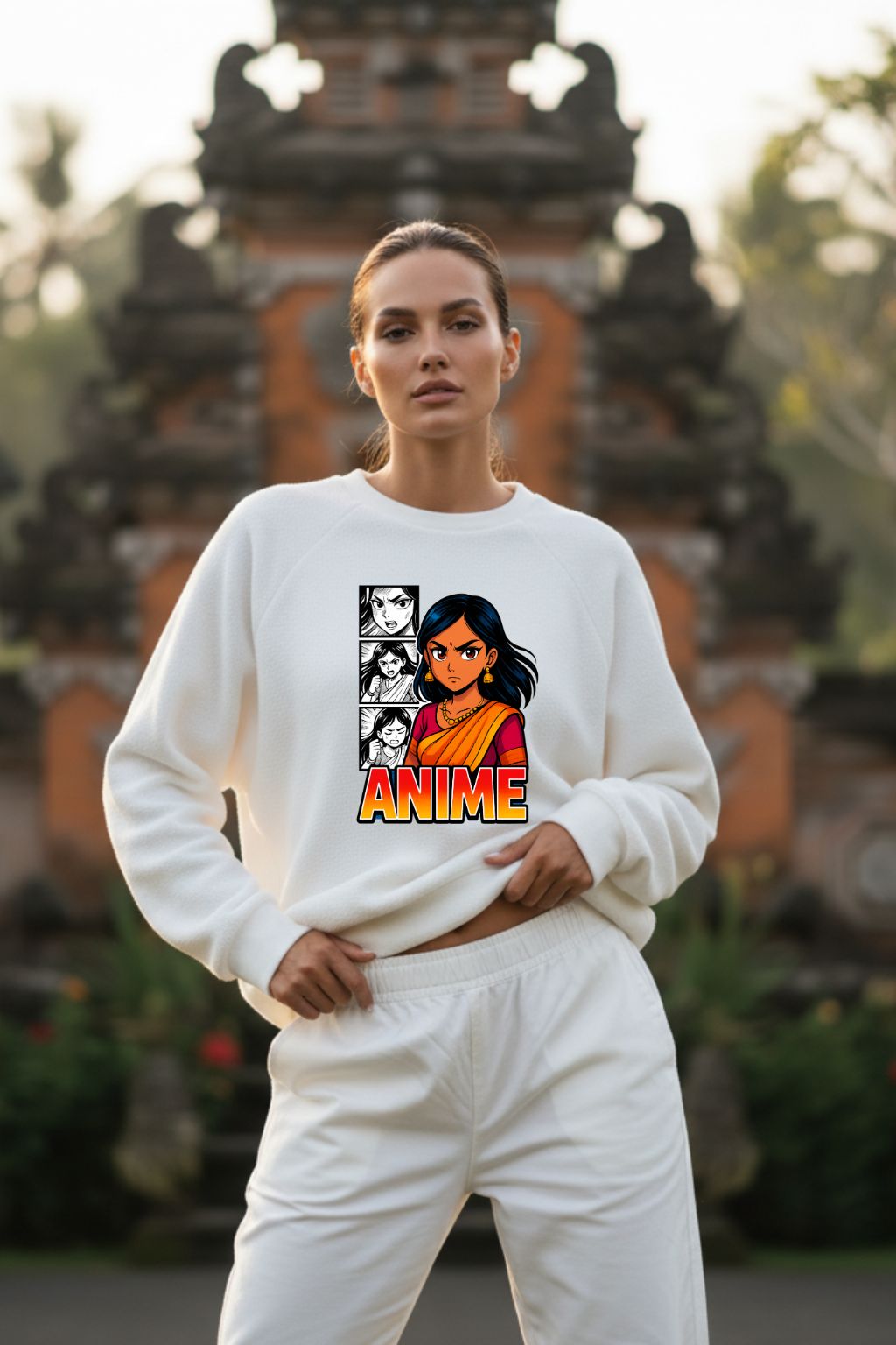 JUNOSHI Fierce Saree Anime Oversized Sweatshirt in White — Women's Cultural Fusion Streetwear — Desi Anime India