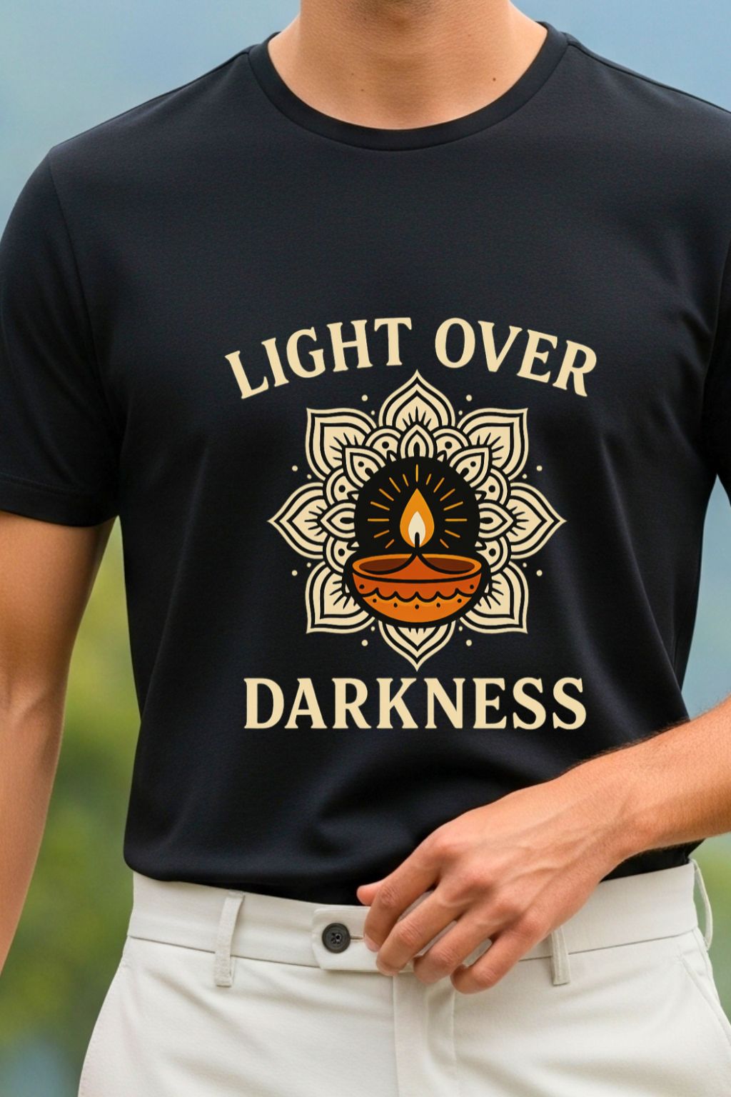 JUNOSHI Light Over Darkness T-Shirt Men Black — Diya Mandala Diwali Print, Festive Glow