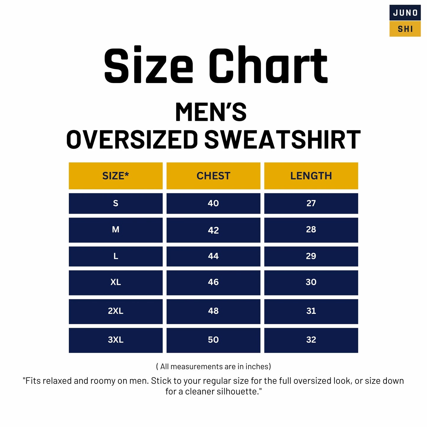Size chart for JUNOSHI Men's Oversized Sweatshirt — chest and length measurements in inches for S to 3XL, with oversized fit guidance for men