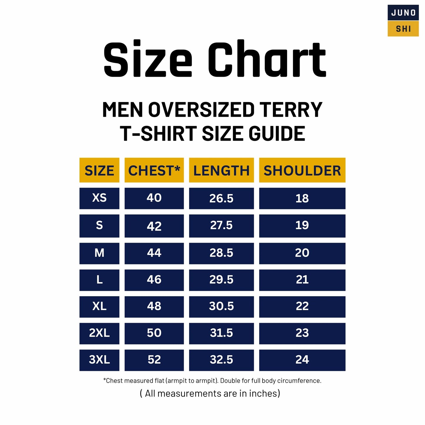 Size chart for JUNOSHI Men's Oversized Terry T-Shirt — chest, length, and shoulder measurements in inches for XS to 3XL, with flat measurement note
