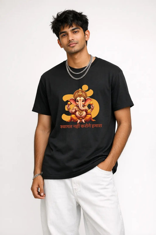 JUNOSHI Swagat Nahi Karoge Hamara Ganesh Chaturthi Graphic Tee Men Black — Desi Festive Streetwear Bollywood Meme Tshirt