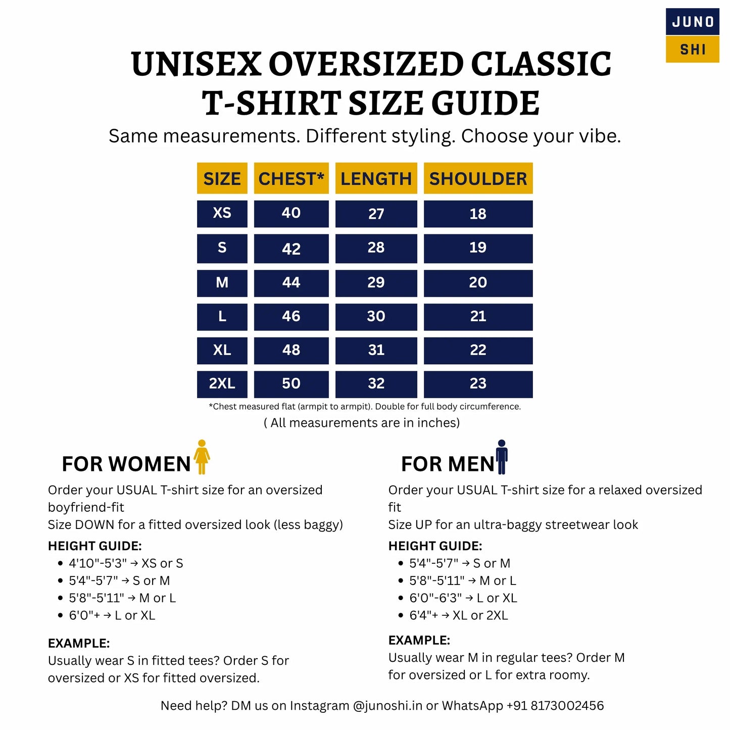JUNOSHI Unisex Oversized Classic T-Shirt Size Guide — Chest, Length & Shoulder Measurements XS to 2XL