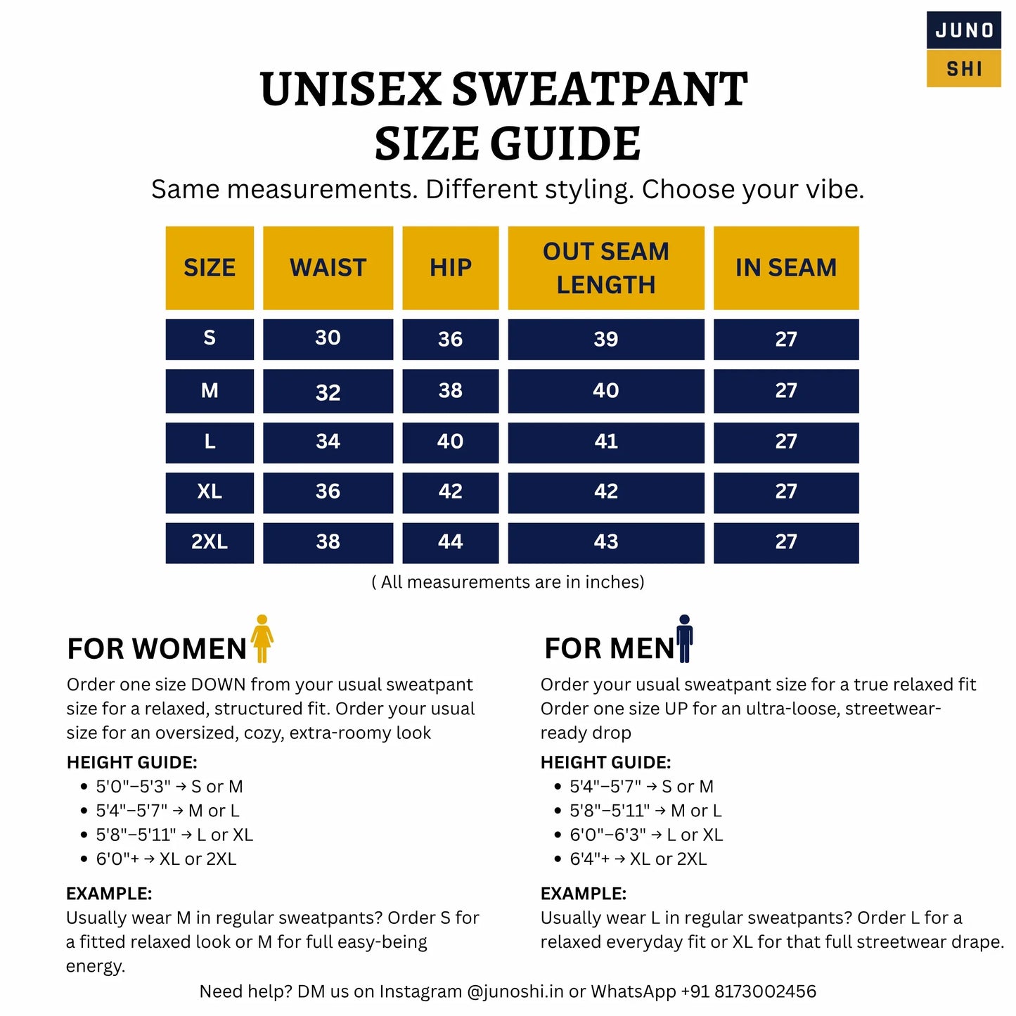 Unisex Sweatpant Size Guide — Waist, Hip & Length Chart for Men and Women | JUNOSHI