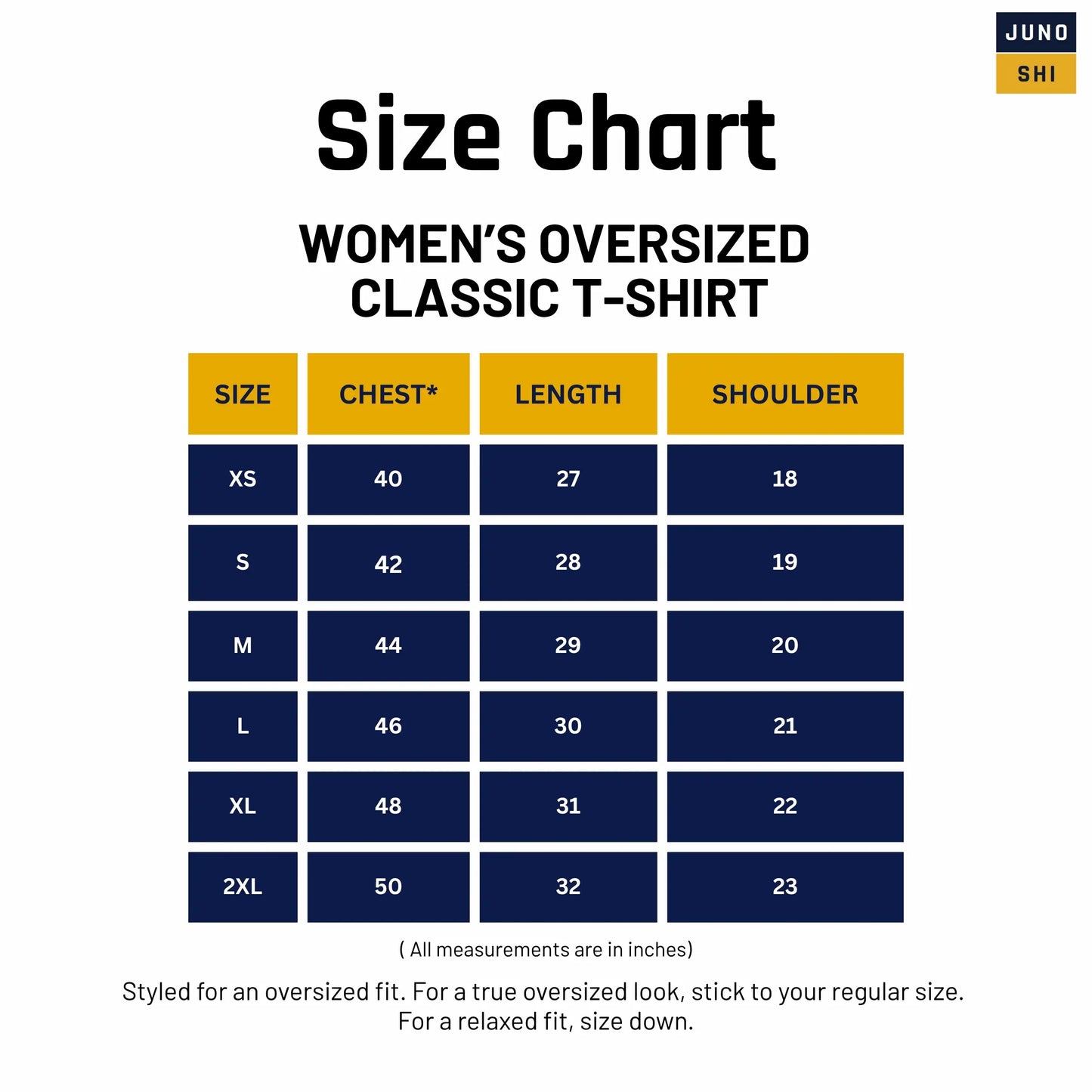 Size chart for JUNOSHI Women's Oversized Classic T-Shirt — chest, length, and shoulder measurements in inches for XS to 2XL, with fit guide for women