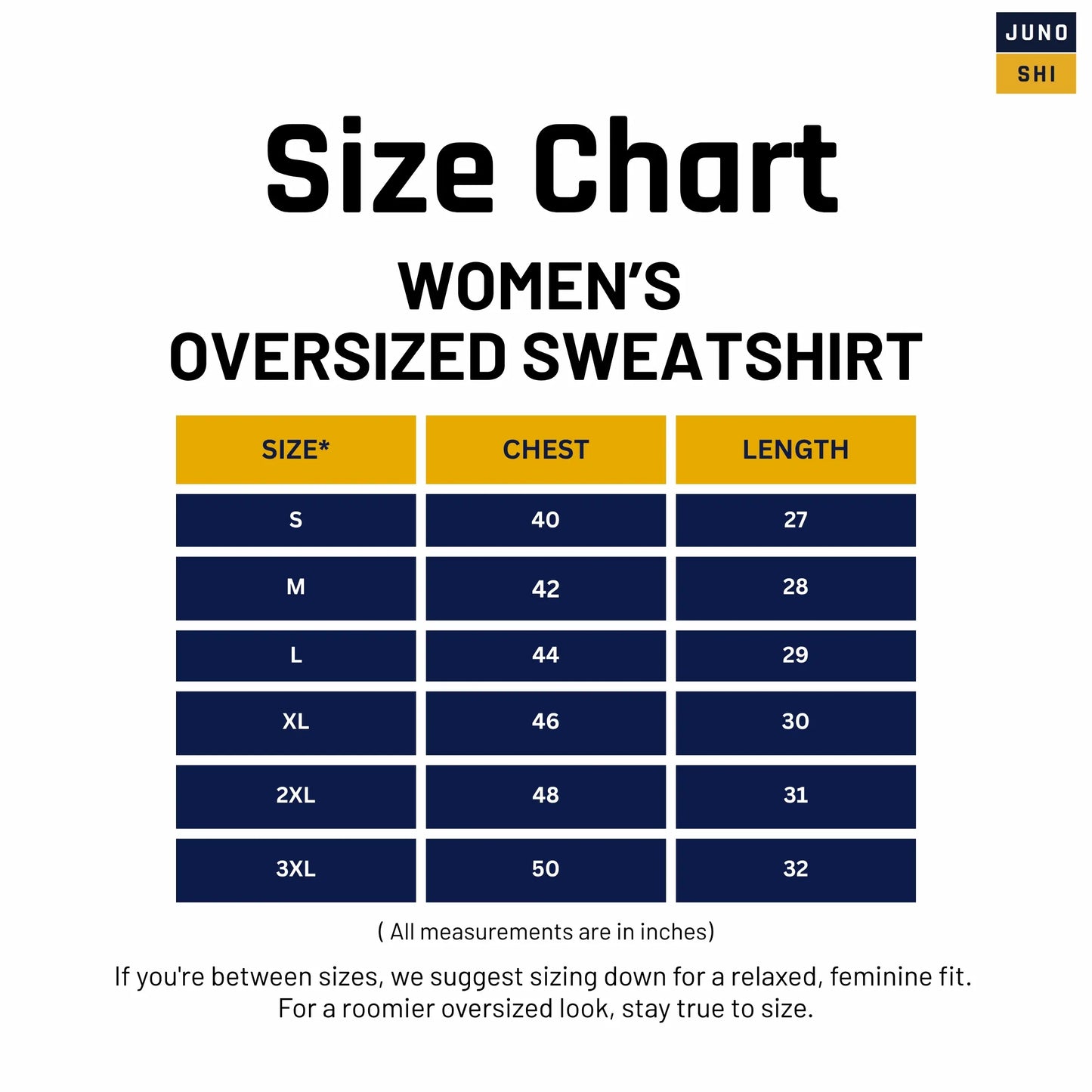 Size chart for JUNOSHI Women's Oversized Sweatshirt ā chest and length measurements in inches for S to 3XL, with fit advice for women buying a unisex oversized sweatshirt