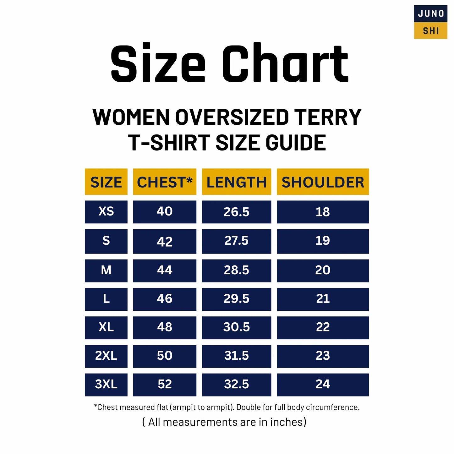 Size chart for JUNOSHI Women's Oversized Terry T-Shirt — chest, length, and shoulder measurements in inches for XS to 3XL, with flat measurement note