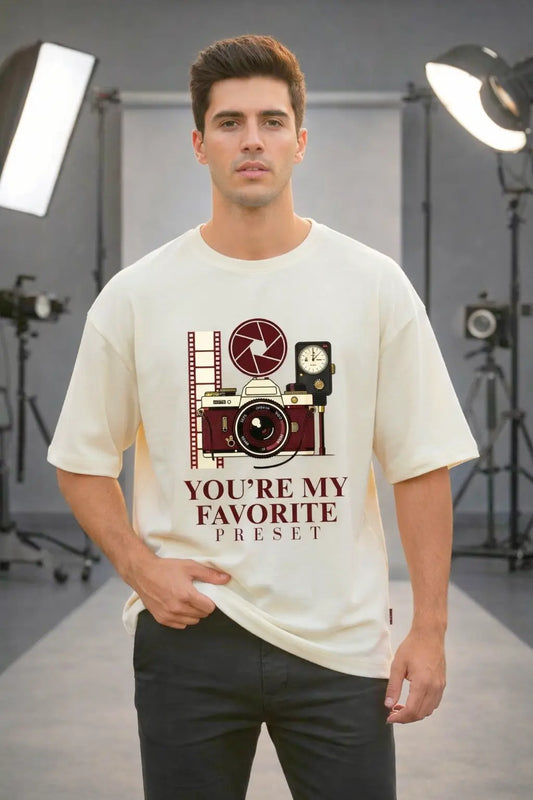 JUNOSHI You're My Favorite Preset oversized cream t-shirt for photographers — front view on male model in photography studio