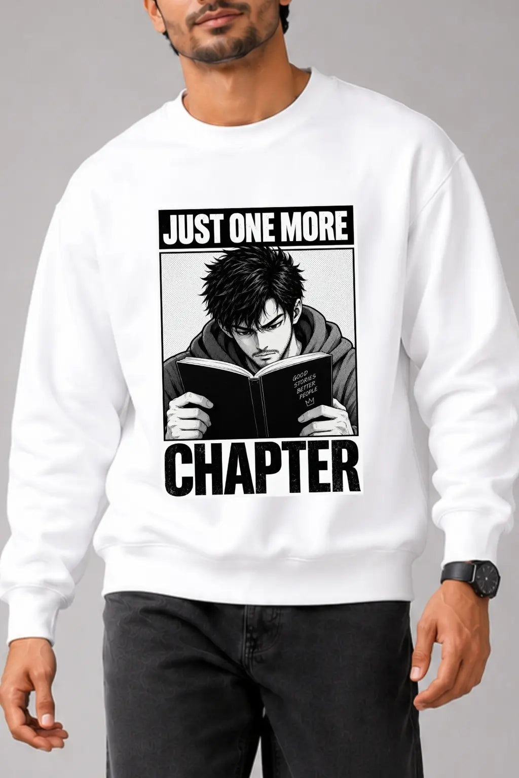 Just One More Chapter — Manga-Style Reader Graphic Print Close-Up on Oversized Sweatshirt | JUNOSHI