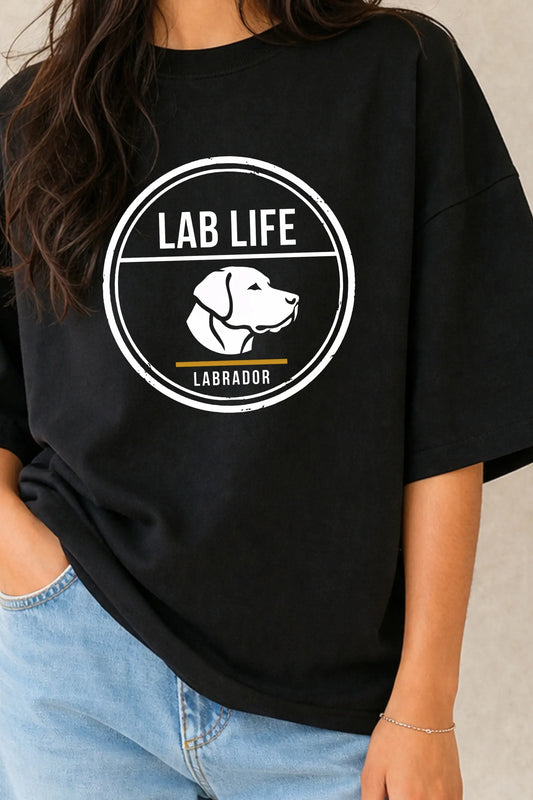 Lab Life Labrador Brutalist Badge Graphic Closeup — Black Oversized Tee — Pet Pawtrait Collection