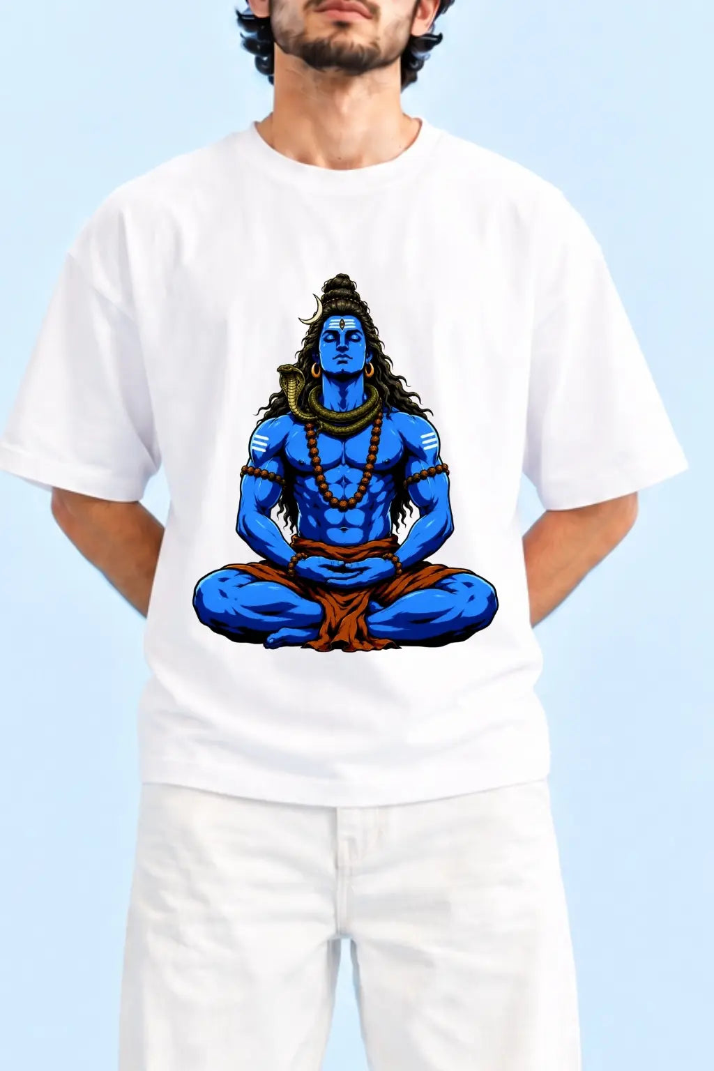 Close-up of Blue Lord Shiva in Meditation DTF Print on White Oversized Classic Tee | JUNOSHI