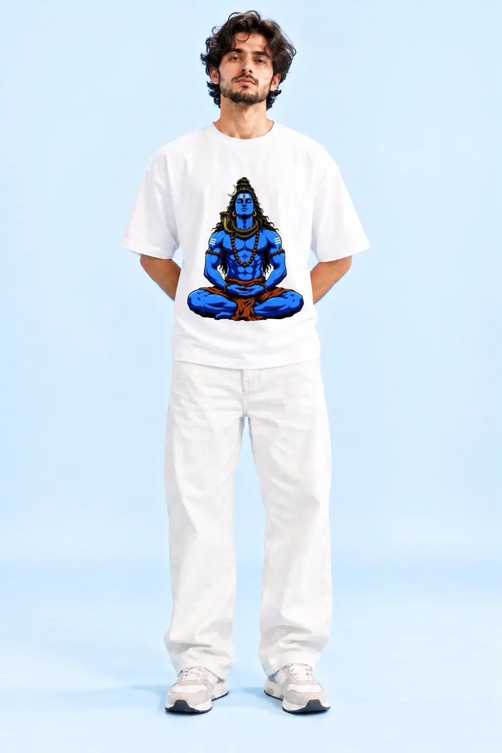 Blue Lord Shiva Meditation, Devotional Oversized Classic Tee on Male Model, Front View | JUNOSHI