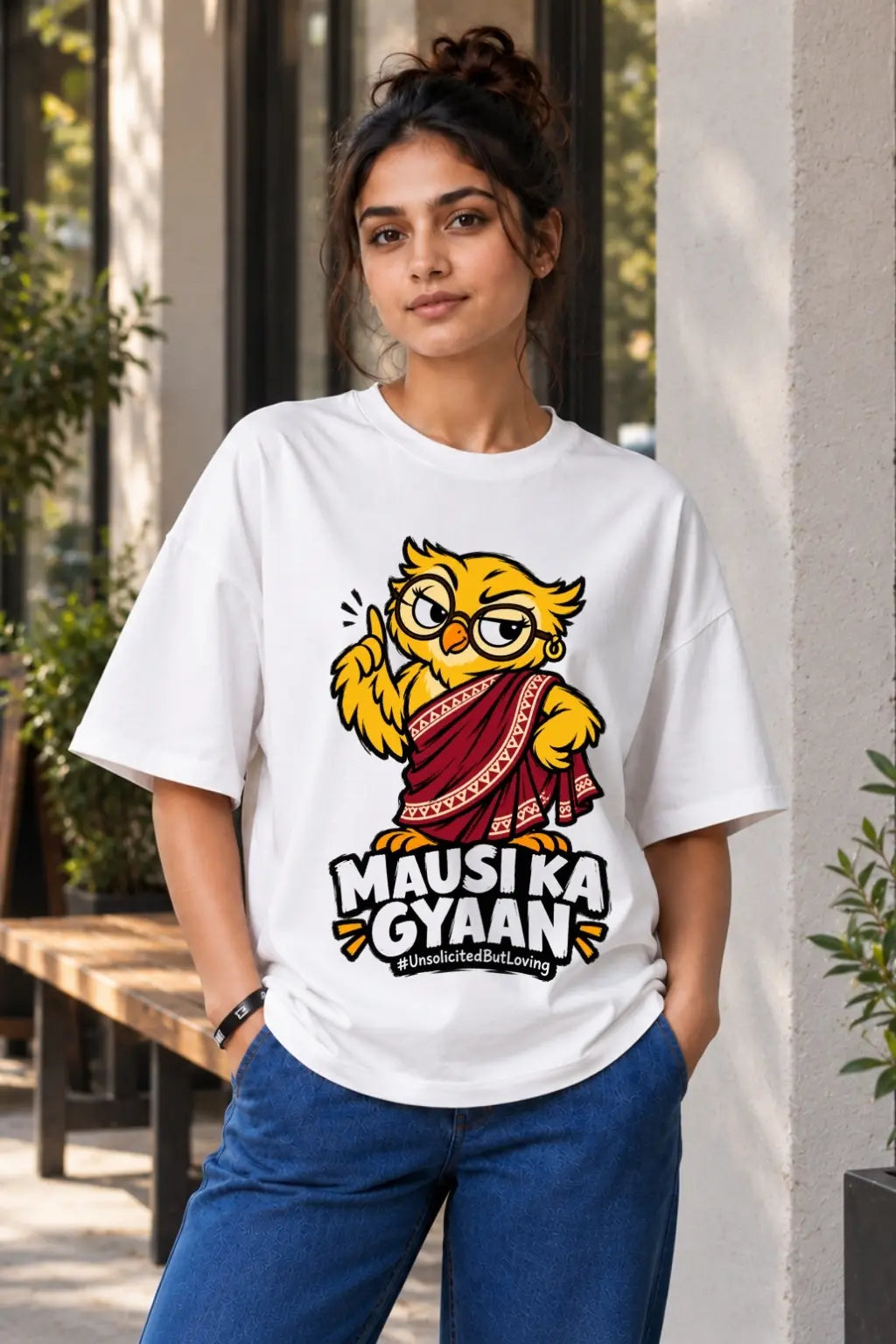 Mausi Ka Gyaan — Sarcastic Owl Streetwear Tee Outdoor Look | JUNOSHI