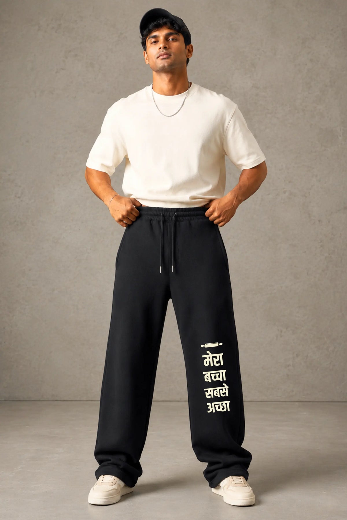 Mera Baccha Sabse Achha Hindi Slogan Sweatpants — Men Full Front View, Black Unisex Bottomwear | JUNOSHI Easy Beings