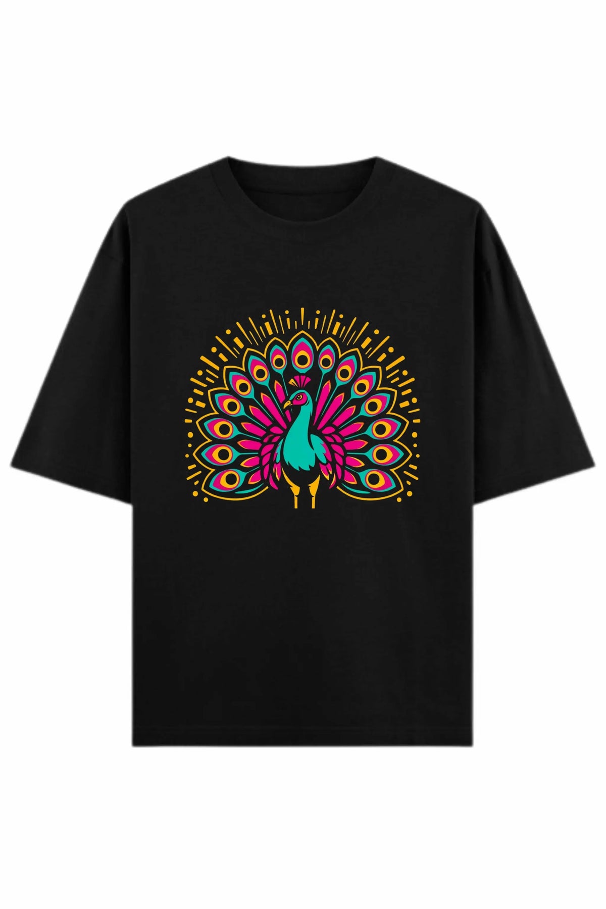 Flat lay of Neon Mor black oversized terry t-shirt showing bold neon peacock chest print — Junoshi Aesthetic Vibes collection
