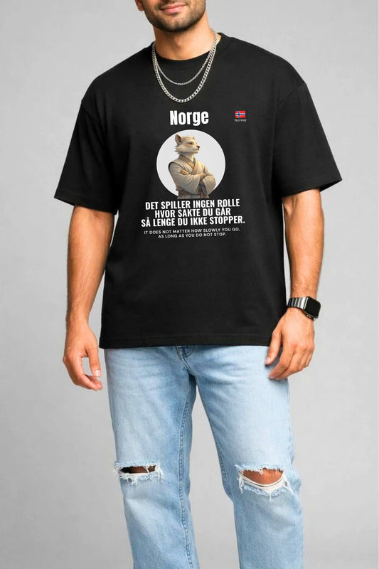 Close-up front print detail — Norge Ikke Stopper Oversized Terry Tee, Shifu character graphic, JUNOSHI