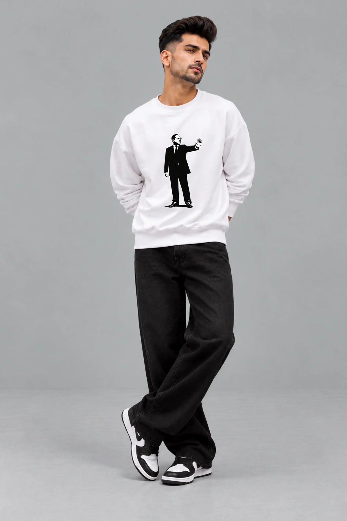 Not Born To Bow — Constitutional Pride Oversized Sweatshirt, front graphic worn by man model | JUNOSHI